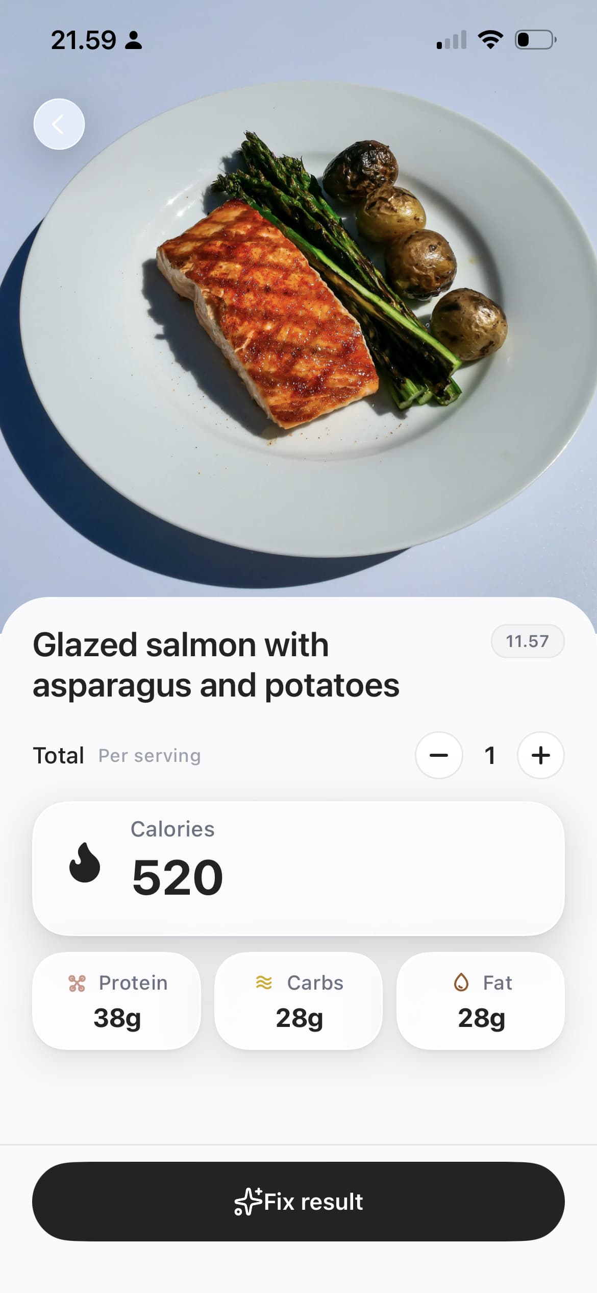 Gainly meal analysis showing glazed salmon, calories and macros